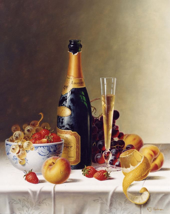 Roy Hodrien - Still Life with Champagne &amp; Fruit on a Tablecloth | MasterArt